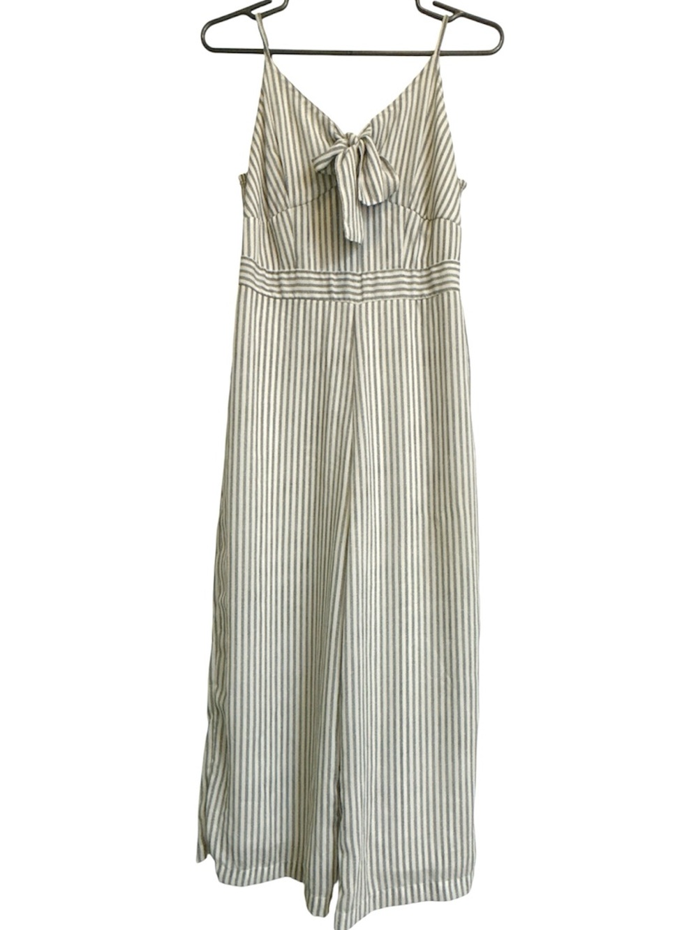 Japna Cream & Olive-Striped Tie-Front Spaghetti Strap Jumpsuit